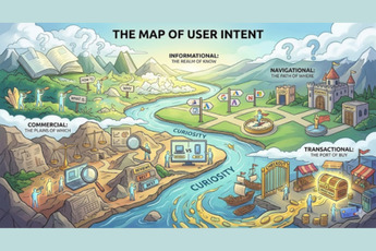 A fantasy map illustrating the journey of user intent, divided into commercial, informational, navigational, and transactional stages, with a river of curiosity flowing through.