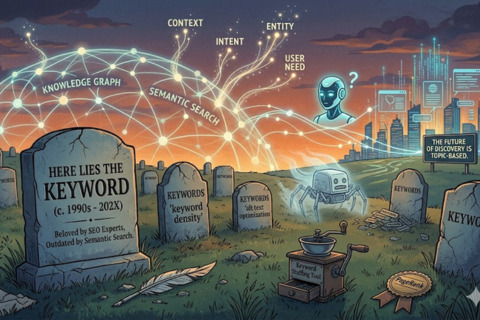 Gemini said An illustration of a graveyard for outdated keywords. A central tombstone reads "HERE LIES THE KEYWORD (c. 1990s - 202X), Outdated by Semantic Search." Other graves include "meta tags" and "keyword density." In the distance, a glowing digital network labeled "KNOWLEDGE GRAPH" rises towards a city, with a sign reading "THE FUTURE OF DISCOVERY IS TOPIC-BASED."