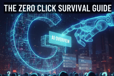A robotic hand with a glowing blue circuit pattern points to a sign that says "AI OVERVIEW" against a backdrop of a giant, glowing blue letter "G" made of circuits and a cityscape. Below, silhouetted figures with question marks above their heads look up at the display. the text says "the zero click survival guide" 