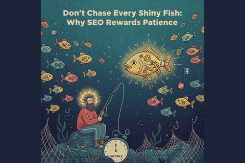 Illustration of a seated figure fishing for a glowing fish among many other fish, above a clock labeled 'Patience'.