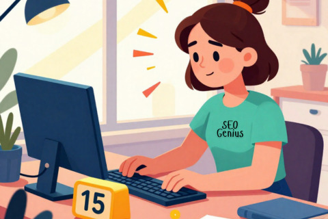A person working at a desk with a computer, a calendar showing the 15 on a clock, and papers. Her tshirt reads "SEO Genius"