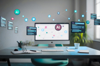 A desk with a computer displaying an AI network diagram and floating digital screens with data. A connected network of glowing nodes and the letters "AI" are visible in the air.