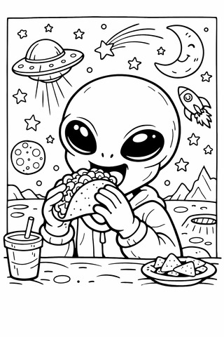 a coloring book page of an alien eating a taco in outer space 