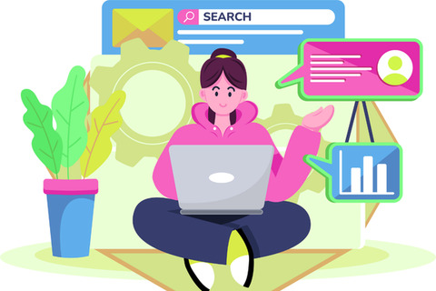 A graphic of a woman sitting on her laptop with searches around her 