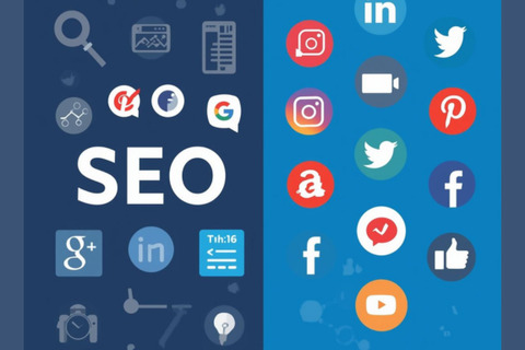 A split graphic representing SEO and social media, featuring icons for Google, Facebook, Instagram, and YouTube on a blue background.