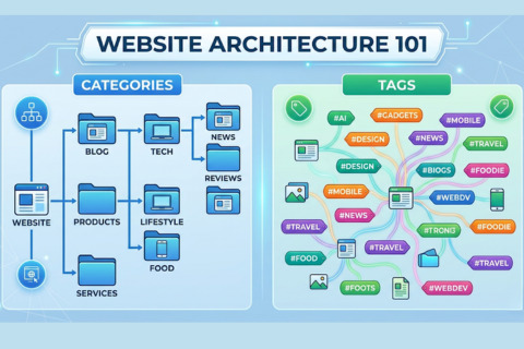 An educational infographic comparing website organization methods on a clean, light blue tech-style background. 