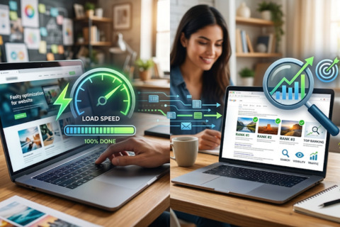 Split image showing a laptop with a "Load Speed 100% Done" graphic and a person working, and another laptop displaying search results with analytics graphics.