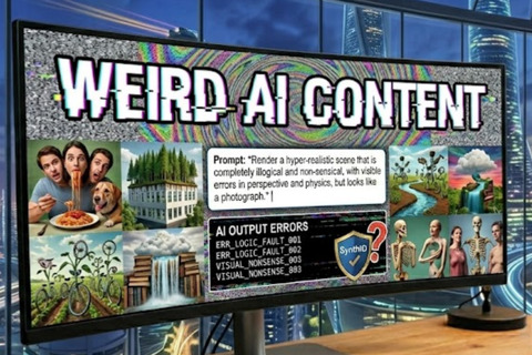 A computer monitor displaying "WEIRD AI CONTENT" with various strange AI-generated images and text, set against a futuristic cityscape.