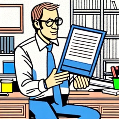 A man sitting on a desk with a notebook in his hand 