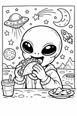 a coloring book page of an alien eating a taco in outer space 