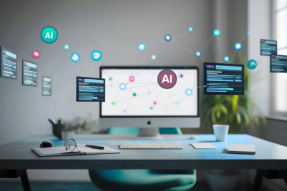A desk with a computer displaying an AI network diagram and floating digital screens with data. A connected network of glowing nodes and the letters "AI" are visible in the air.