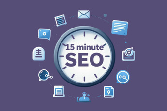 A clock face with "15 Minute SEO" written on it, surrounded by icons representing search, mail, documents, and social media.