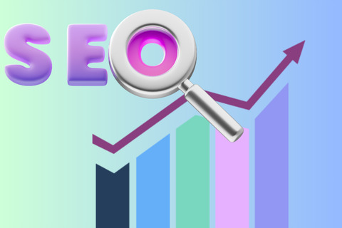 The letters SEO with a magnifying glass over the O, symbolizing search engine optimization and underneath is a bar chart showing a steady increase with a purple arrow pointing upwards.