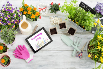 a table with different plants and flowers surrounding a tablet. the words gardening blog are on the tablet
