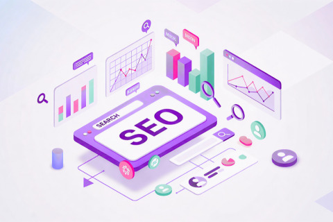 An isometric illustration depicting SEO strategy with elements like search bars, graphs, charts, magnifying glasses, and user icons.