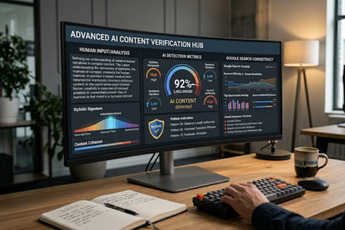 A curved computer monitor displays an "Advanced AI Content Verification Hub" dashboard with various charts and metrics, including "Human Input Analysis," "AI Detection Metrics" showing "92% Likelihood" of AI content detected, and "Google Search Consistency" graphs. A person's hands are visible typing on a keyboard in the foreground, and a notebook and pen are on the desk.