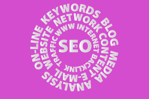 The word SEO is in the center of a circle made of words like keywords, network, internet, blog, content, media, backlink, e-mail, analysis, traffic, and on-line website.