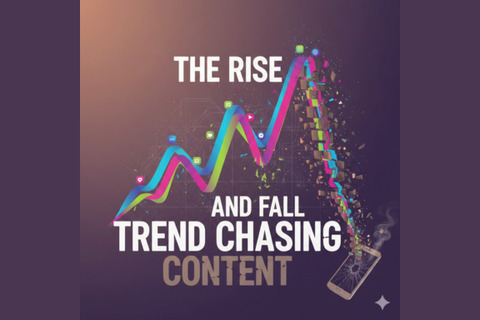 A stylized line graph, trending sharply up then steeply down, with the words 'The Rise and Fall Trend Chasing Content' overlaid and a broken smartphone at the bottom right.