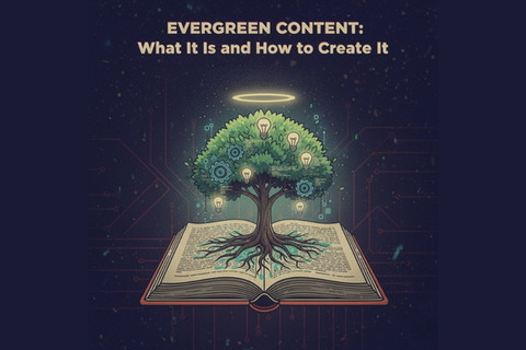 a graphic of a book opened with a tree coming out of it. it says "Evergreen Content: What It Is and How to Create It: