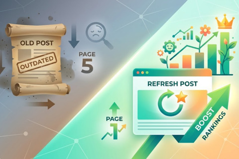 An illustration comparing an outdated 'Old Post' on page 5 with a 'Refresh Post' that boosts rankings on page 1, featuring growth charts and a crown.