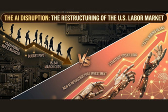 The AI Disruption: The Restructuring of the U.S. Labor Market. Left side shows silhouettes of people walking down a decreasing trend line labeled 'Traditional Roles Reduced', 'Budget Pivot', and '15,341 March Cuts'. Right side shows robotic hands reaching upwards on an increasing trend line labeled 'New AI Infrastructure Investment', 'Strategic Upskilling', and '+157% Hiring Plans'.
