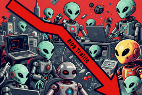 A graphic illustration depicting a downward trending red arrow superimposed over a scene of robots with alien-like heads working at computers in a cityscape, with the text "Why AI is Hunting Blog" at the top.