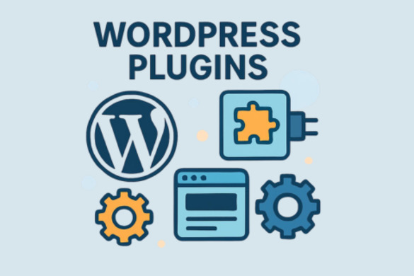 Graphic illustration with the text "WORDPRESS PLUGINS" above flat icons of the WordPress logo, a puzzle piece plug, gears, and a webpage.
