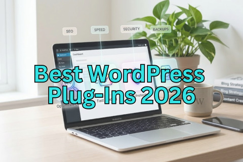 A laptop on a desk showing a WordPress dashboard with overlaid text reading "Best WordPress Plug-Ins 2026" and floating labels for SEO, Speed, Security, and Backups.