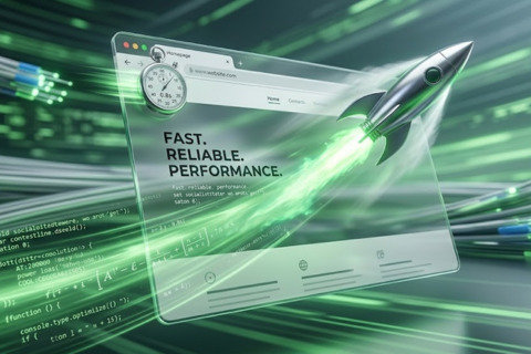 A futuristic graphic of a translucent web browser displaying the text "FAST. RELIABLE. PERFORMANCE." with a silver rocket launching from the screen, leaving a glowing green trail against a background of streaming code and fiber optic cables.