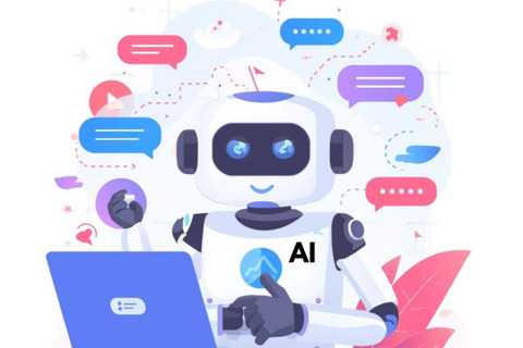 A graphic image of a robot working on a laptop with ideas all around it 