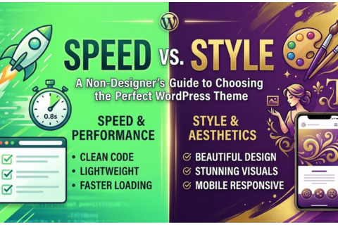 A split-screen graphic titled "SPEED vs. STYLE: A Non-Designer's Guide to Choosing the Perfect WordPress Theme." The green left side focuses on "Speed & Performance" features like clean code, while the purple right side highlights "Style & Aesthetics" elements like beautiful design.