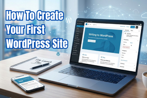 A laptop displaying the WordPress interface, a smartphone, and a notebook labeled "Site Launch Plan" sit on a desk with a blurred cityscape in the background.