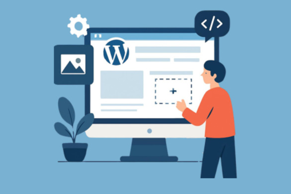 A person building a website on a computer screen with the WordPress logo visible. A plant and image icon are also depicted.