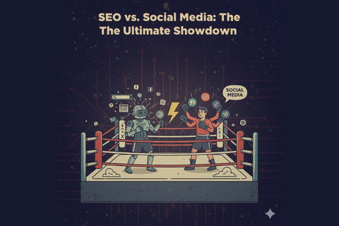 Cartoon boxing ring with a robot labeled SEO facing off against a person labeled SOCIAL MEDIA.