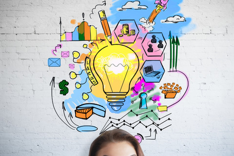 the top of a persons head with a lightbulb on top with ideas all around it 