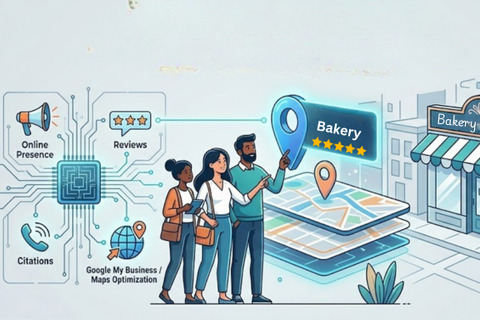 Illustration of online business tools like online presence, reviews, citations, and Google My Business maps optimization, with people interacting with a map interface and a storefront in the background.