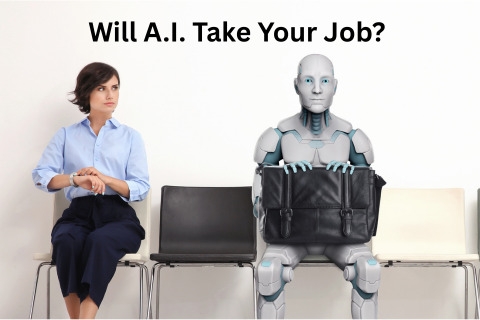 A person and a robot sit on chairs in a waiting room. The person looks at their watch while the robot holds a briefcase.