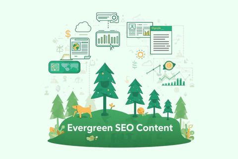 Illustration of evergreen trees on a hill with SEO related icons and text reading, "Evergreen SEO Content".