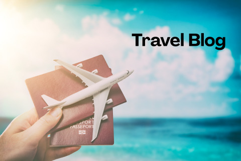 an ocean background with a hand holding a passport and small plane in front. the words travel blog are on the top right 