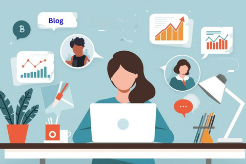 a graphic of a woman sitting at a desk with a laptop writing with though bubbles around her