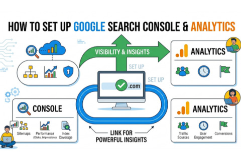 An infographic illustrating how to set up Google Search Console and Analytics, showing connections for visibility and insights.