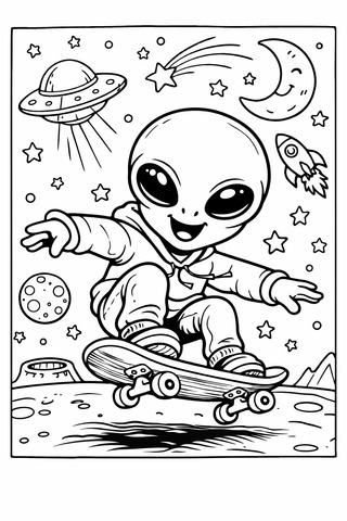 A coloring book page of a happy alien riding a skateboard in outer space 