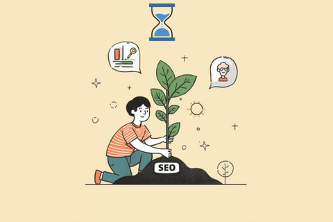 A person kneels to plant a leafy plant in a mound labeled 'SEO', surrounded by graphics representing analytics and networking.